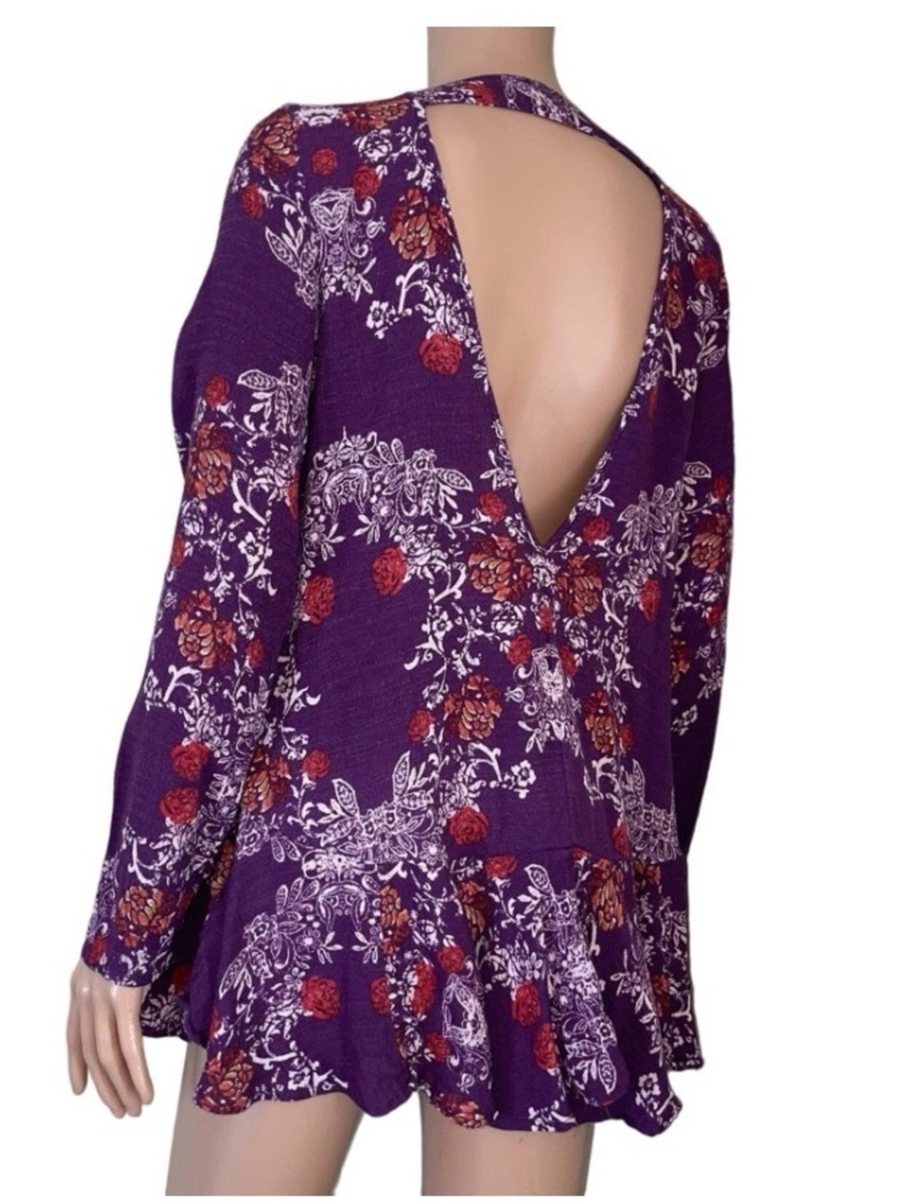 Free People Purple Floral Blouse with Red-Orange Flowers Smooth Talker peplum MD - Picture 9 of 10